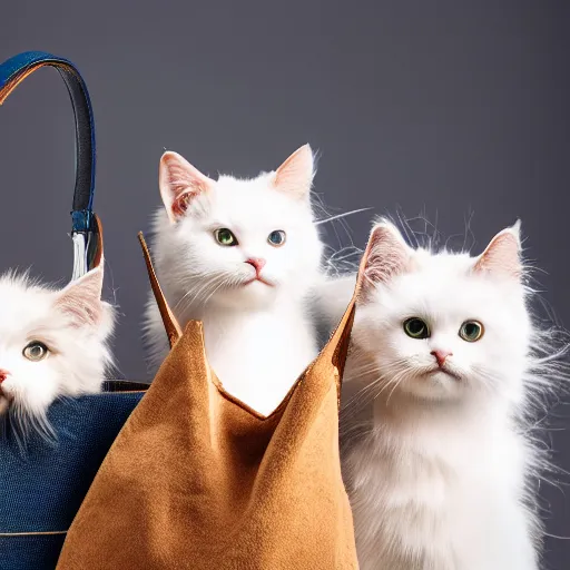 Prompt: a highly detailed photo of a bag full of furry cats, white background, studio lighting, 4 k, 8 k