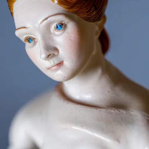 Prompt: portrait photograph of an incredibly realistic porcelain woman. Macro details. 8k.