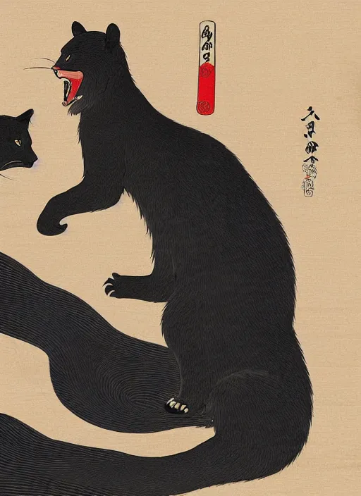 Prompt: ukiyo-e print of samurai Asian black bear and a cat, intricate, elegant, highly detailed, digital painting, artstation, concept art, smooth, sharp focus, illustration, art by Andō Hiroshige