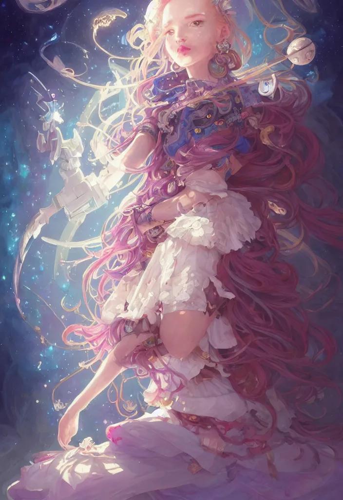 Image similar to full body picture of an maximalist dress magical girl, neat hair with bangs, smug face, extremely beautiful and aesthetic and detailed cute face and eyes, wipe out evils with cute astronaut familiar sprites, aming the magical beams to the camera, chiaroscuro, intricate, masterpiece, epic fantasy illustrations by peter mohrbacher and anato finnstark and jeremy lipking