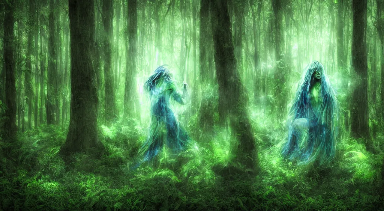 Prompt: spirit sprite, forest, green, blue, hd,