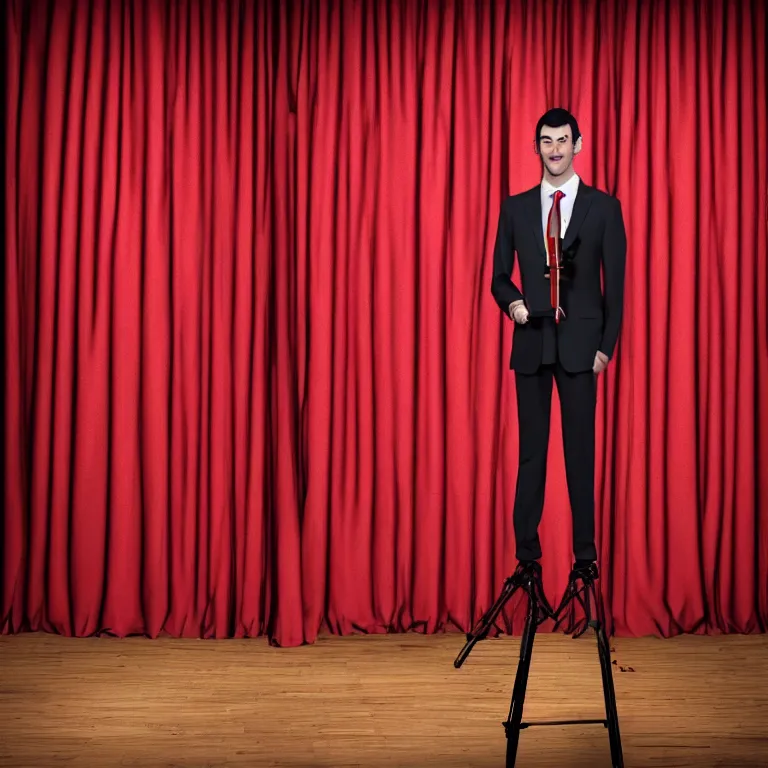 Image similar to dslr photograph of nathan fielder from nathan for you behind a puppet stage with a red curtain controlling a single marionette by the strings, high detail, 8 k, photorealism, sharp focus, volumetric lighting