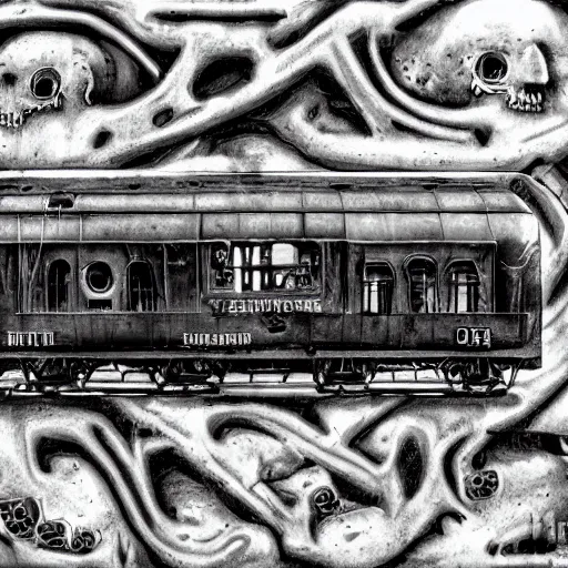 Image similar to boxcar made of human meat and bone, biomechanical railroad, highly detailed, War Photography, Pushead art, by H.R. Giger