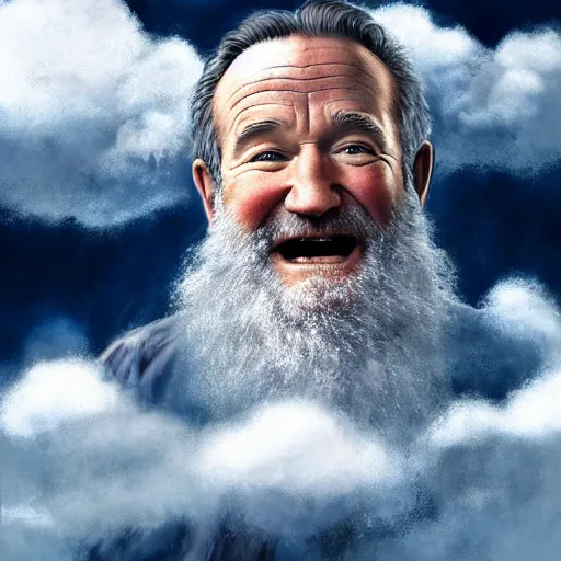 Image similar to robin williams talking with george carlin in heaven, white beard, blue eyes, white robe, clouds, heaven, intricate, detailed, volumetric lighting, scenery, digital painting, highly detailed, artstation, sharp focus, illustration, concept art, ruan jia, steve mccurry