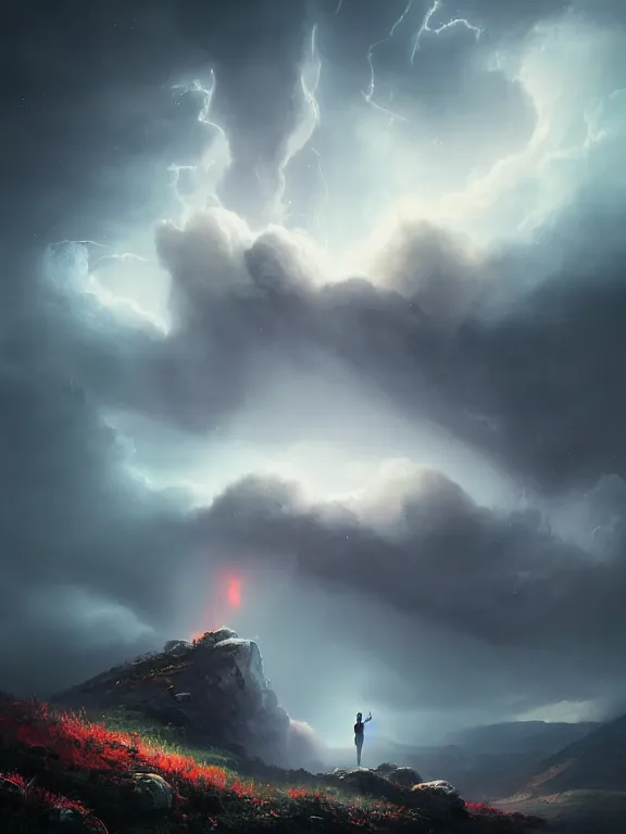 Prompt: photo of 8k ultra realistic lone man on hill surrounded by swirling clouds and lighting, dark, menacing, full of colour, cinematic lighting, battered, trending on artstation, 4k, hyperrealistic, focused, extreme details,unreal engine 5, cinematic, masterpiece, art by Peter Mohrbacher