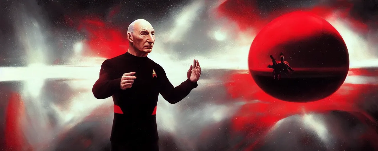 Image similar to duotone black and red concept 3 / 4 portrait of ( ( ( picard facepalm meme ) ) ) captain jean - luc picard with palm on his face inside uss enterprise. accidental renaissance. concept by stanley kubrick. sergey kolesov and ruan jia and heng z. graffiti art, scifi, fantasy, hyper detailed. octane render. trending on artstation