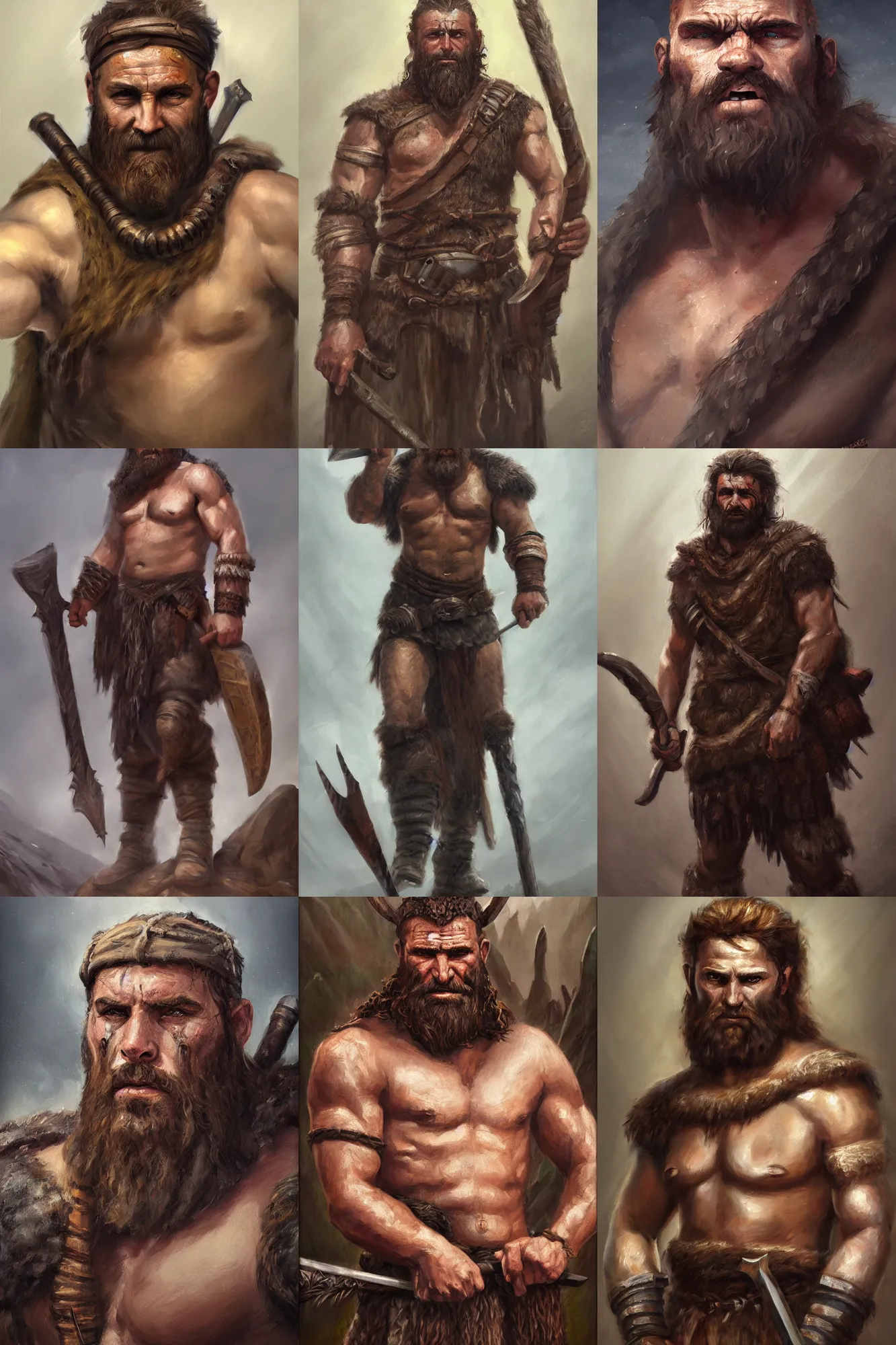 Image similar to a full body fantasy portrait oil painting illustration of a single rugged stoic barbarian man by Justin Sweet with face and body clearly visible, d&d, rpg, forgotten realms, artstation trending, high quality, sombre mood, artstation trending, muted colours, no crop, entire character,