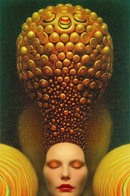 Image similar to art deco close up portait of mushroom head with big mouth surrounded by spheres, rain like a dream digital render curvalinear clothing cinematic dramatic fluid lines otherworldly vaporwave interesting details epic composition by artgerm moebius francis bacon gustav klimt