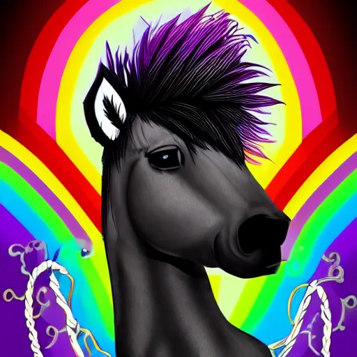 Prompt: digital illustration of a black punk rock unicorn with a rainbow mohawk, deviantArt, artstation, artstation hq, hd, 4k resolution