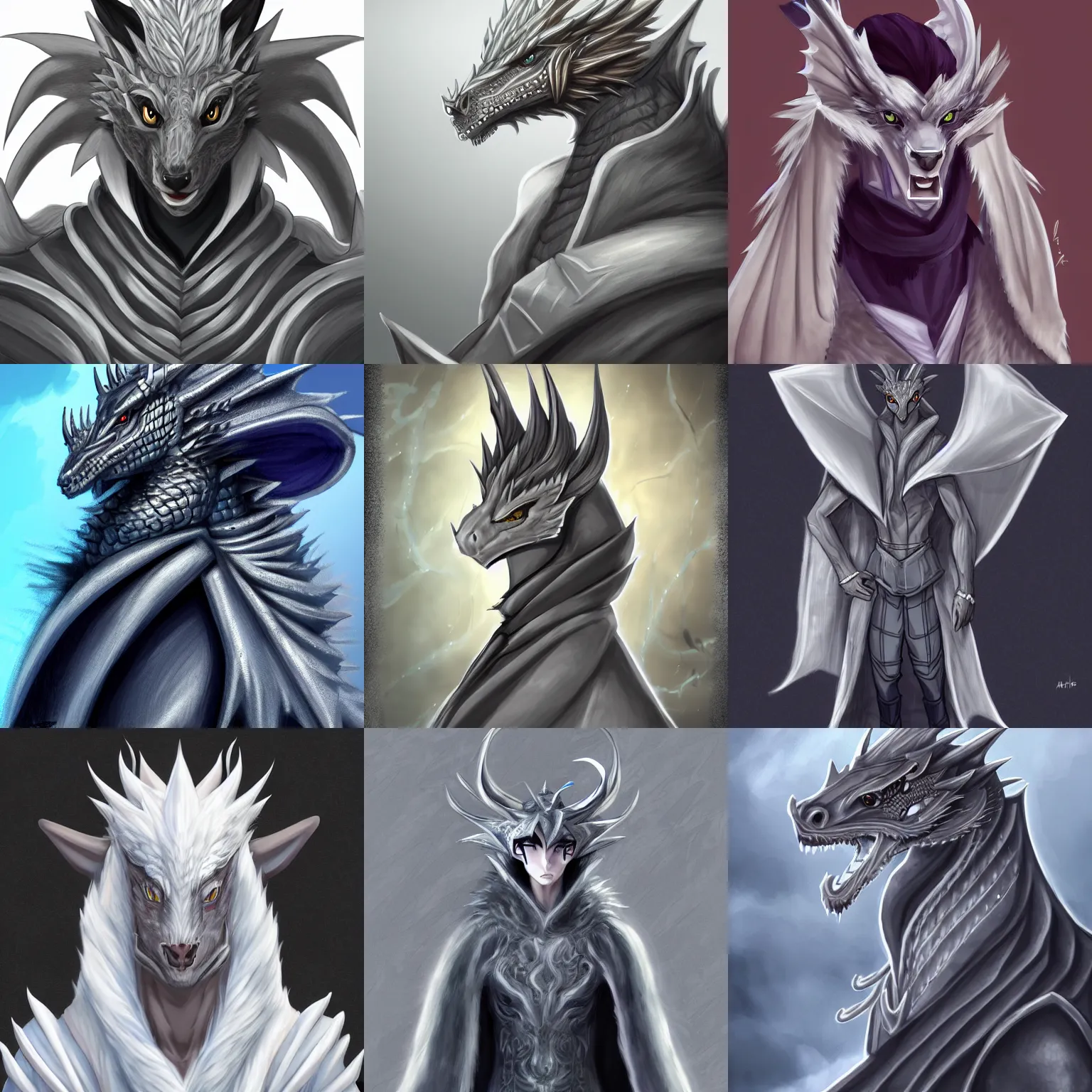 Prompt: half body portrait of a handsome young anthropomorphic silver dragon, soft draconic features, male, wearing a luxurious cloak, commission on furaffinity, artstation, digital art