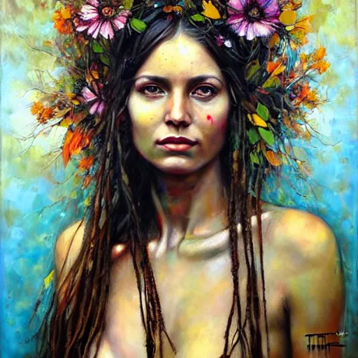 Prompt: portrait of a beautiful hippie woman, nature elements, painting, by dimitra milan, by tim okamura.