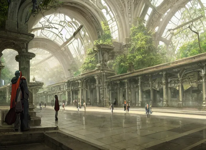 Image similar to A train subway inside a beautiful elven city made of white marble, anime, lush trees, fountain, statue, big clock, information desk, trains, train tracks, a fantasy digital painting by Greg Rutkowski and James Gurney, trending on Artstation, highly detailed