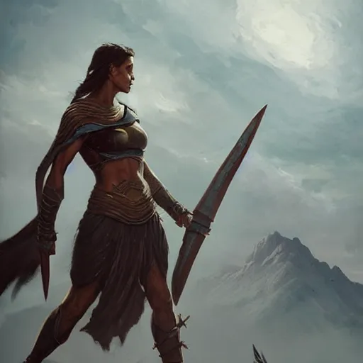 Image similar to a spartan woman wearing a cape and holding a spear in a arena, Matte painting , detailed painting, greg rutkowski