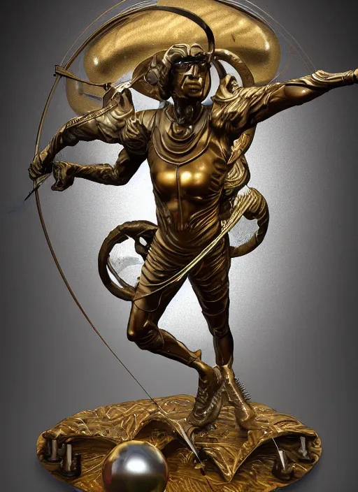 Image similar to An epic fantastic realism comic book style painting of a bronze archery sculpture from the future by Stanislaw Szukalski, gilded colorful marbled paper background, winged archer, perfect shiny iridescent silver spheres, fisheye lens, unreal 5, DAZ, hyperrealistic, octane render, dynamic lighting