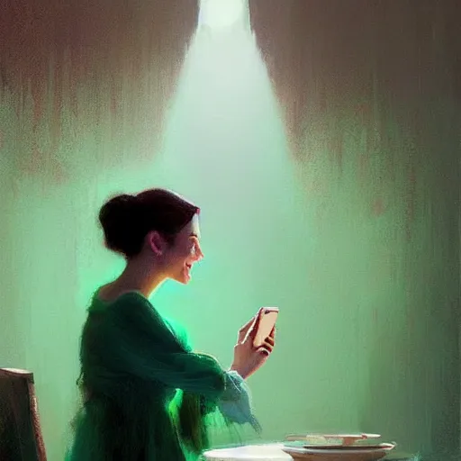 Prompt: epic masterpiece of cinematographic hyperrealism where a happy woman appears using her phone the color of the phone screen is green, the background of the image is white. realistic shaded lighting poster by craig mallismo, artgerm, jeremy lipkin and michael garmash, unreal engine, radiant light, detailed and intricate environment, digital art, art station trends