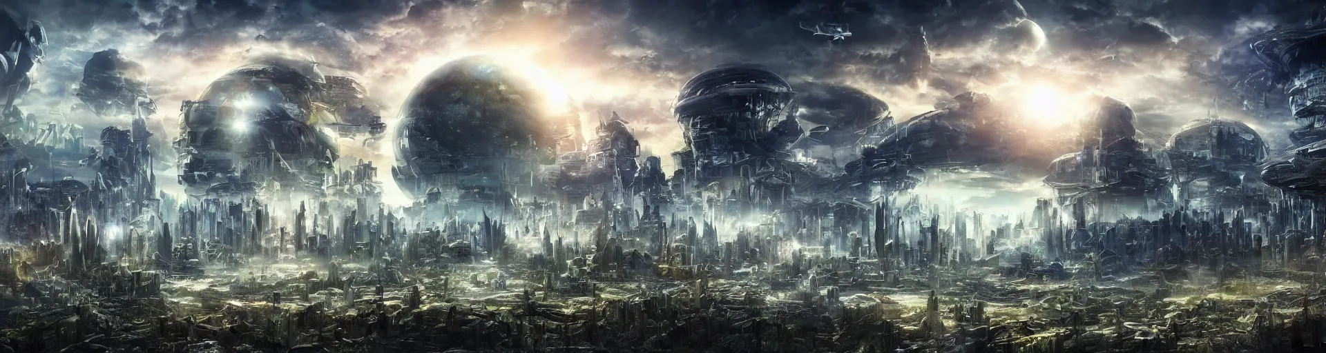 Prompt: beautiful alien planet sci-fi city landscape, art, high detail, high definition, photorealistic, hdr,