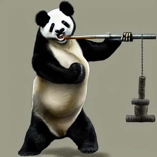 Image similar to a funny picture of a bodybuilder panda eating a bamboo, curling weights, digital art, high quality, detailed, artstation