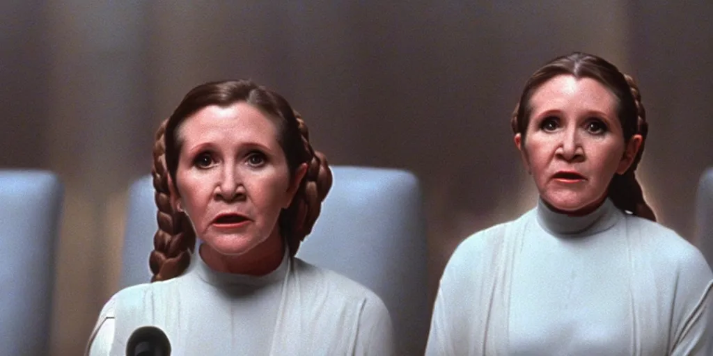 Image similar to a full color still of Carrie Fisher as Leia Organa giving a speech in the Galactic Senate, cinematic lighting, 1999, directed by Steven Spielberg, 35mm