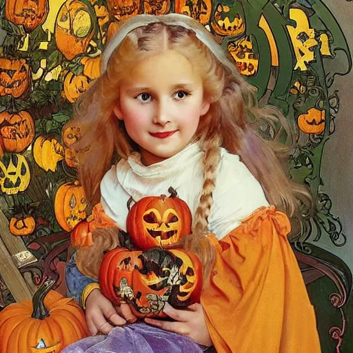 Image similar to a happy little girl with long straight golden blonde hair sitting amidst halloween decor, skulls and pumpkins. beautiful highly detailed face, beautiful painting by alphonse mucha and norman rockwell