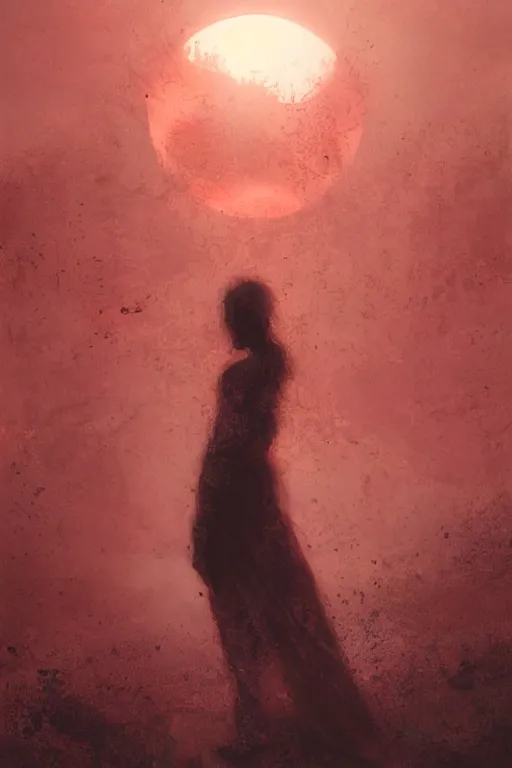 Image similar to random metal pieces forming the shape of a person silhouetted by a red sun, smooth, sharp focus, 24mm lens, DOF, abstract, art by Artem Demura and Greg Rutkowski and Ruan Jia and Norman Rockwell