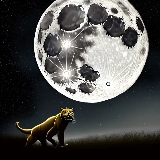 Image similar to a panther roaring at the moon in a forest during the night, large moon in the center. high quality. artistic. illustration. 4 k. cinematic. photoreal. highly detailed. dramatic. dark colors. night.