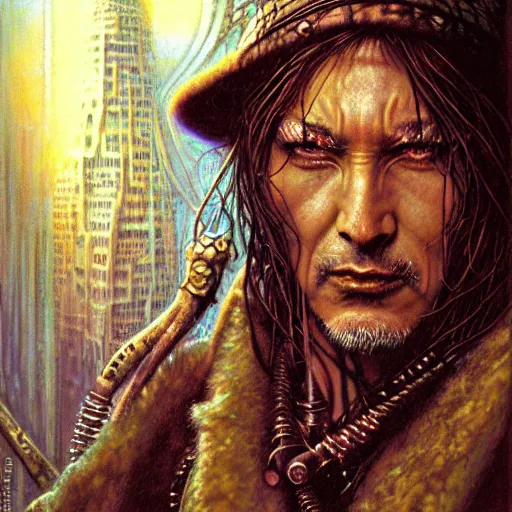 Image similar to a closeup portrait photograph of an art nouveau cyberpunk shaman by ted nasmith, luis royo and brom