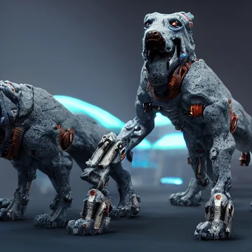 Prompt: hybrid of a cyborg dog and an agate golem kaiju, landscape agate, ultra detailed, 8 k, rule of thirds, professional lighting, unreal engine.