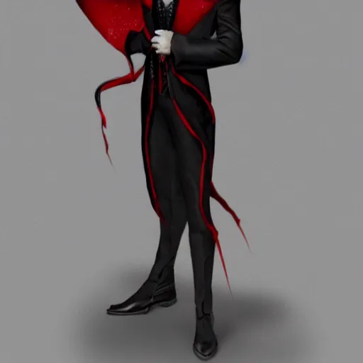 Prompt: a vampire, male, mid - 4 0 s aged, long, slicked black hair, clean shaven, in red and black, regal, high fantasy, realistic, highly detailed, full body shot, concept art, 8 k.