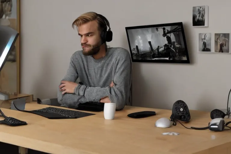 Image similar to pewdiepie on his computer gaming, photorealistic, hd, 8 k