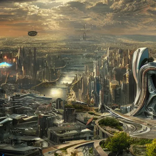 Prompt: An epic future utopian science fantasy cityscape, sustainable architecture, hyperdetailed photorealistic wide angle landscape painting, by Zack Snyder and James Cameron