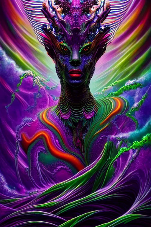 Image similar to depicting a wrathful technological nightmare monster god, in the style of lisa frank, exuberant organic elegant forms, by karol bak and filip hodas : : 1. 4 purple, red, blue, green, black intricate : : intuit art : : turbulent water backdrop : : damask wallpaper : : atmospheric