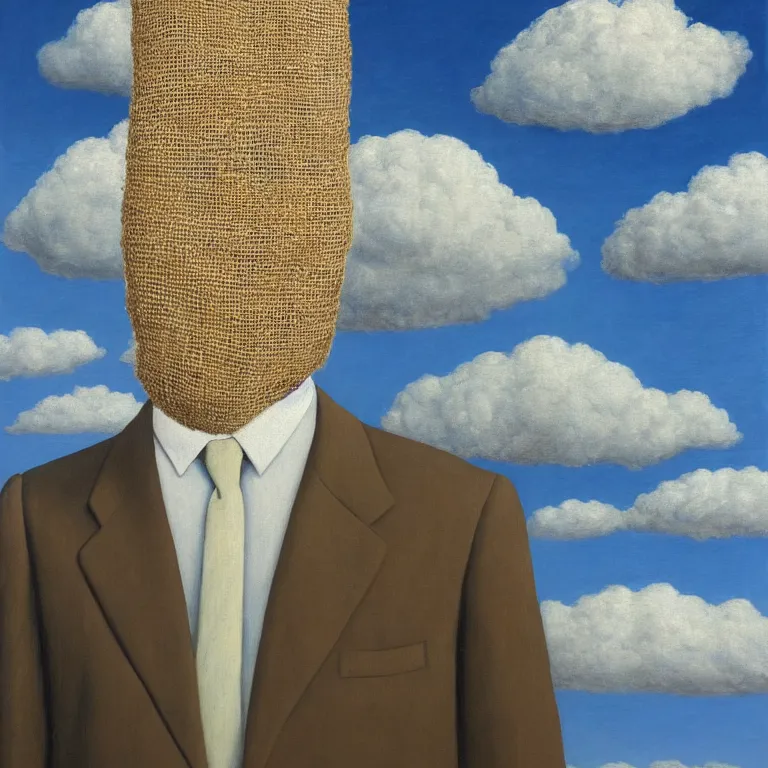 Image similar to portrait of a faceless burlap sack - head man in a suit, clouds in the background, by rene magritte, detailed painting, distance, centered, hd, hq, high resolution, high detail, 4 k, 8 k