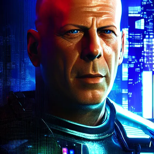 Image similar to bruce willis portrait, cyberpunk 2 0 7 7, cyberpsycho, photorealistic, ultra detailed, neon, octane, bokeh, cyber, cyberpunk city, feature, scars, cyberface, 8 k