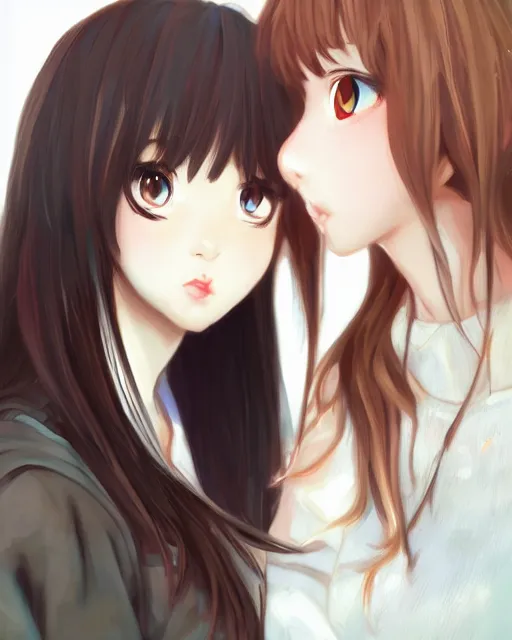 Image similar to portrait of two girls kissing, anime, drawn by WLOP, trending on Artstation