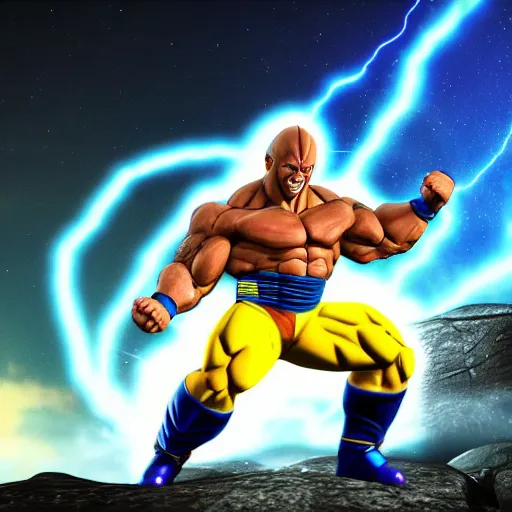 Prompt: full shot of Dwayne Johnson as Supa Saiyajin Broly at moonlight, lightning bolt, apocalyptic background, by Akira Toriyama, high detail, unreal engine 4k, volumetric light