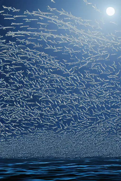 Image similar to a beautiful vector graphic illustration of a school of mackerel, 8 k, frostbite 3 engine, cryengine, dof, trending on artstation, digital art by robert gibbings, crepuscular ray