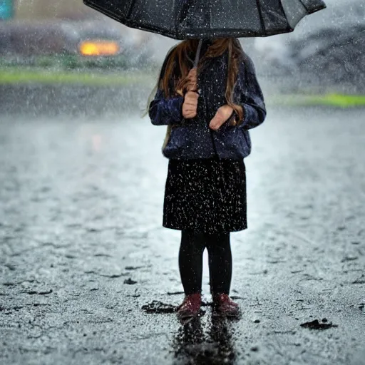 Prompt: Girl standing in a rainy weather with tiny droplets falling