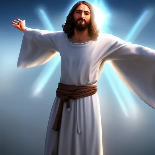 Prompt: Jesus Christ with white wings, dynamic lighting, +++ dynamic pose, high resolution, powerful, halo, 8k