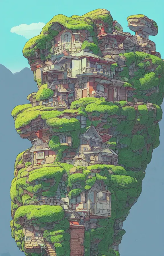 Prompt: house on a mountain, sharp focus, james gilleard, akira toriyama, moebius, print, game art