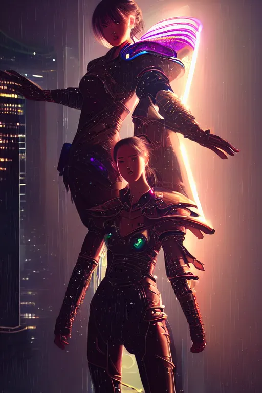 Image similar to portrait futuristic wuxia armor heroine Girl with thunder and fire sparkles and starlight, fighting in future cyberpunk beijing rooftop , ssci-fi, fantasy, intricate, very very beautiful, elegant, human structure, neon light, highly detailed, digital painting, artstation, concept art, smooth, sharp focus, illustration, art by tian zi and WLOP and alphonse mucha