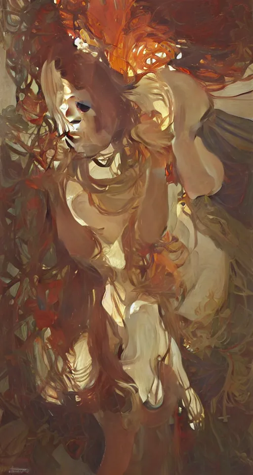 Image similar to the fall season, orange lighting, elegant, dramatic lighting, graphic art, volumetric lighting, sharp focus, detailled, by Krenz Cushart and Artem Demura and Alphonse Mucha