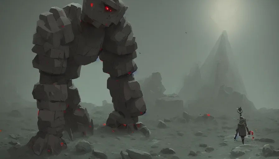 Prompt: stone golem, true evil, dormant, broken, calling a traveller nearby, sharp focus, james gilleard, cinematic, game art, extremely detailed digital painting, print