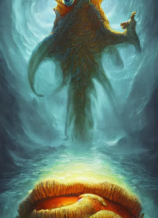 Prompt: a painting of a creature in the water, poster art by chris moore, cg society contest winner, digital art, movie poster, cosmic horror, lovecraftian