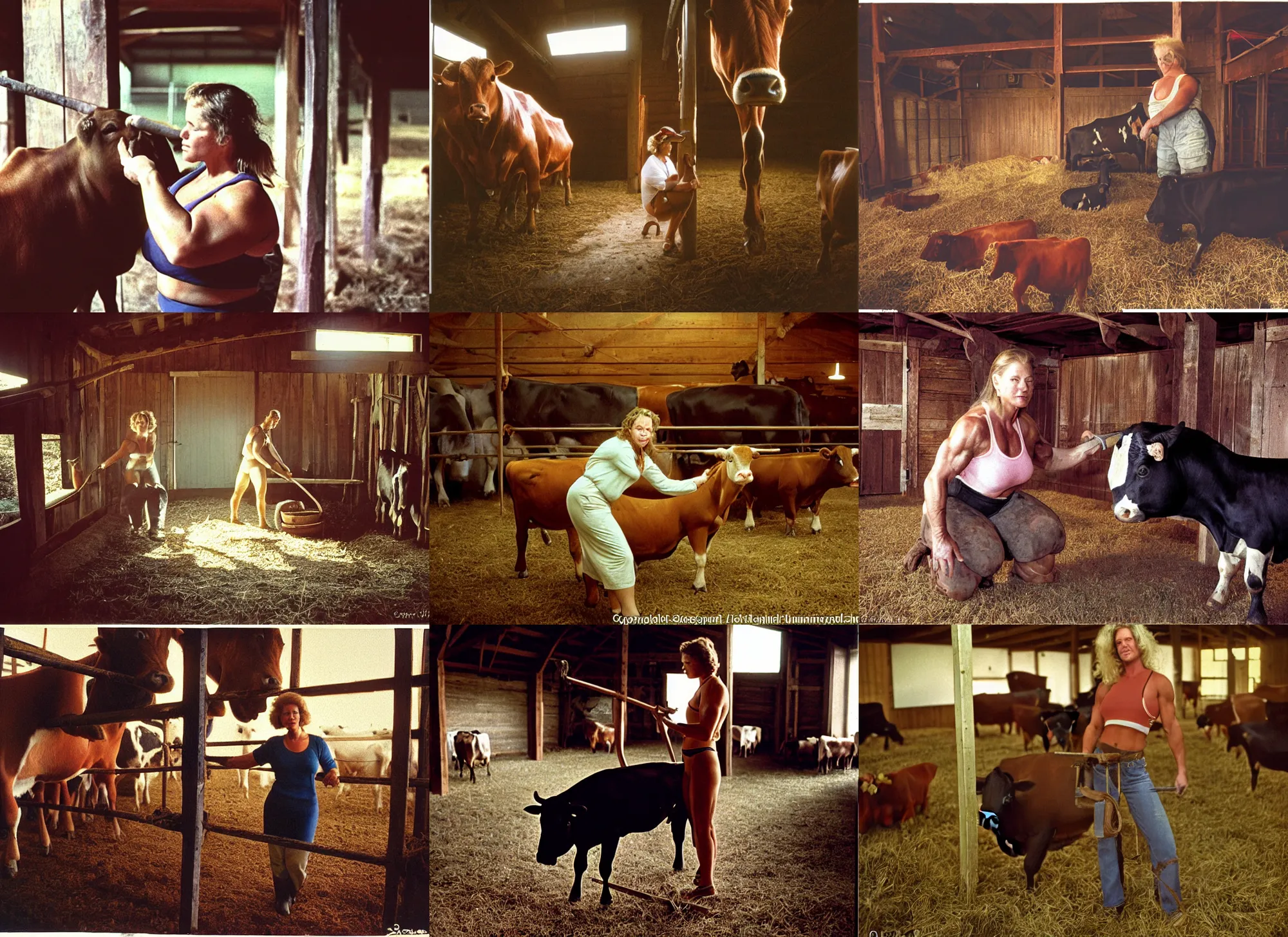 Prompt: color photograph portrait of a very muscular woman tending cows in a barn. night, summer, warm lighting, 1 9 9 0 photographs from life magazine.