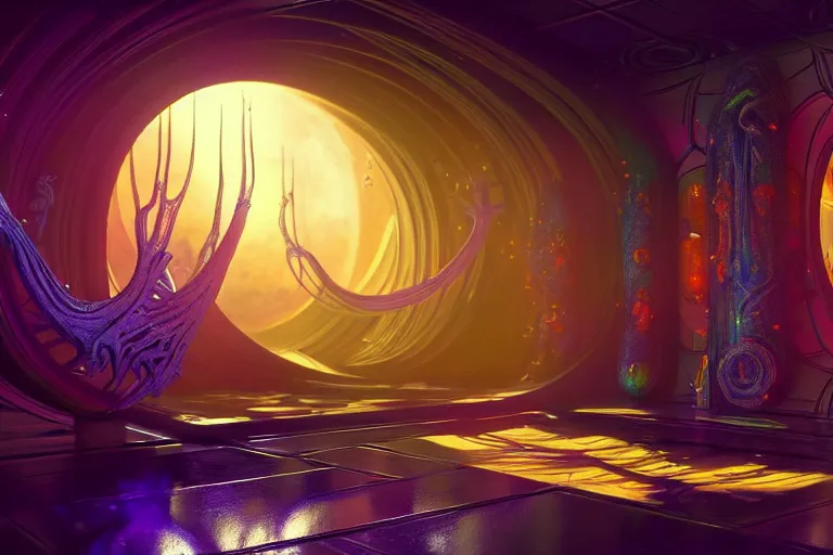 Image similar to a beautiful painting of an elaborate utopian sci - fi scene painted by hr giger and lisa frank, detailed, unreal engine, 4 k octane render, volumetric lighting, shadows, reflections