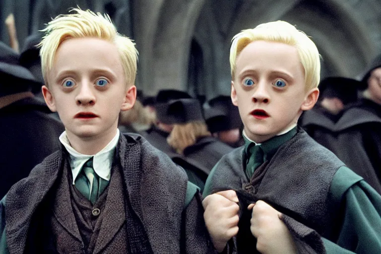 Image similar to film still Macaulay Culkin as Draco Malfoy wearing hogwarts uniform in Harry Potter movie