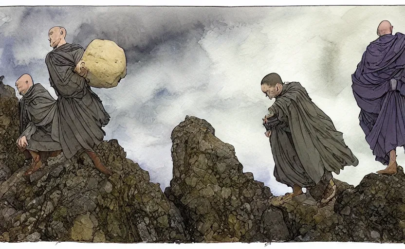 Image similar to a hyperrealist watercolour concept art of a group of grey monks levitating a huge rock in the air over their head. it is a misty night on the moors of ireland. by rebecca guay, michael kaluta, charles vess and jean moebius giraud. high detail, hq, wide shot