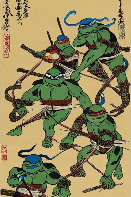 Image similar to Teenage Mutant Ninja Turtles in Japanese ukiyo-e ukiyo-ye woodblock print by Moronobu