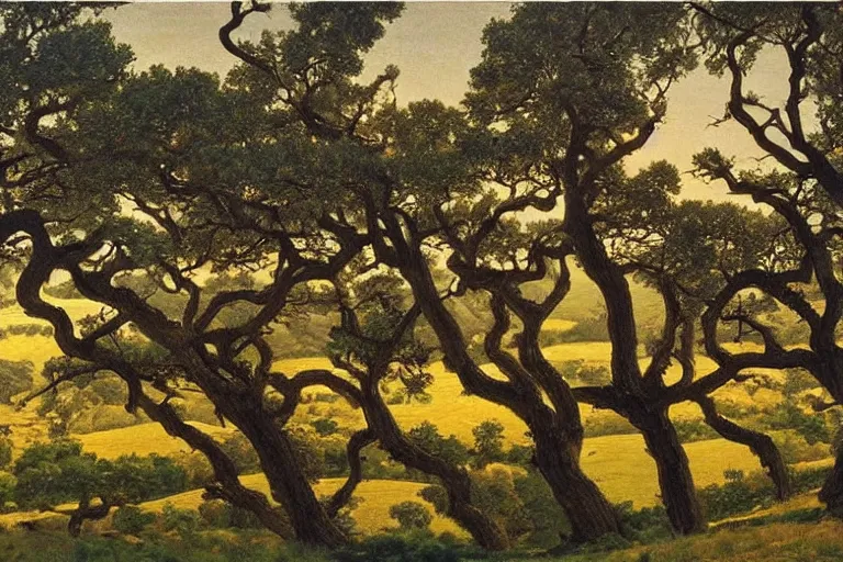 Image similar to masterpiece painting of oak trees on a hillside overlooking a creek, dramatic lighting, by edward okun