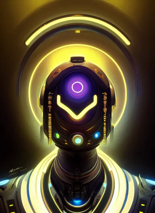 Image similar to symmetry portrait of zenyatta from overwatch, sci - fi, tech wear, glowing lights intricate, elegant, highly detailed, digital painting, artstation, concept art, smooth, sharp focus, illustration, art by artgerm and greg rutkowski and alphonse mucha